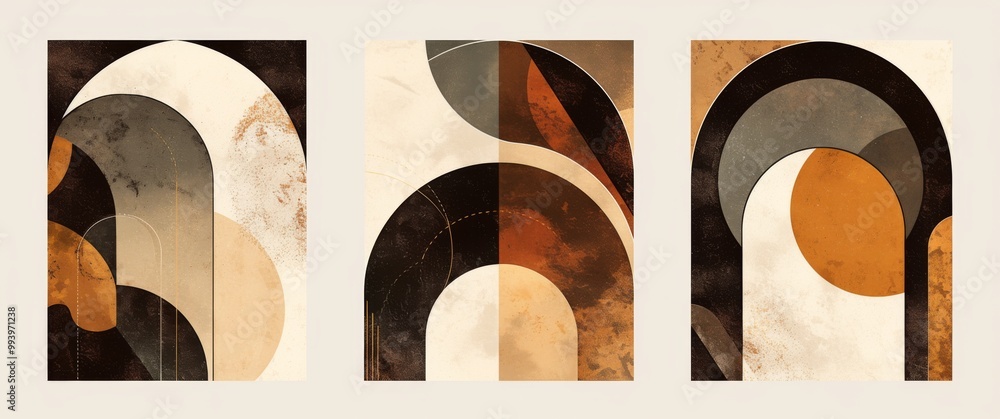 Poster set of three minimal boho abstract geometric shapes featuring lines and arches in neutral beige tone