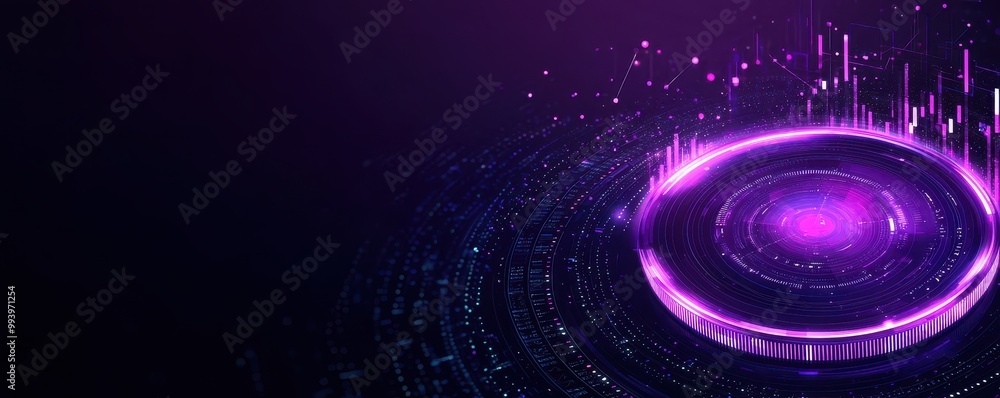 Poster abstract digital design with circular patterns and purple glowing elements.