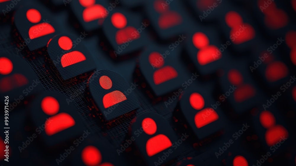 Poster abstract social network icons with red illumination on a dark background.