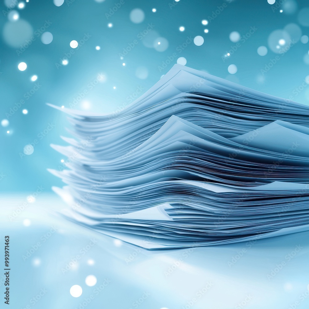Poster abstract stack of papers in a serene blue background with bokeh lights.