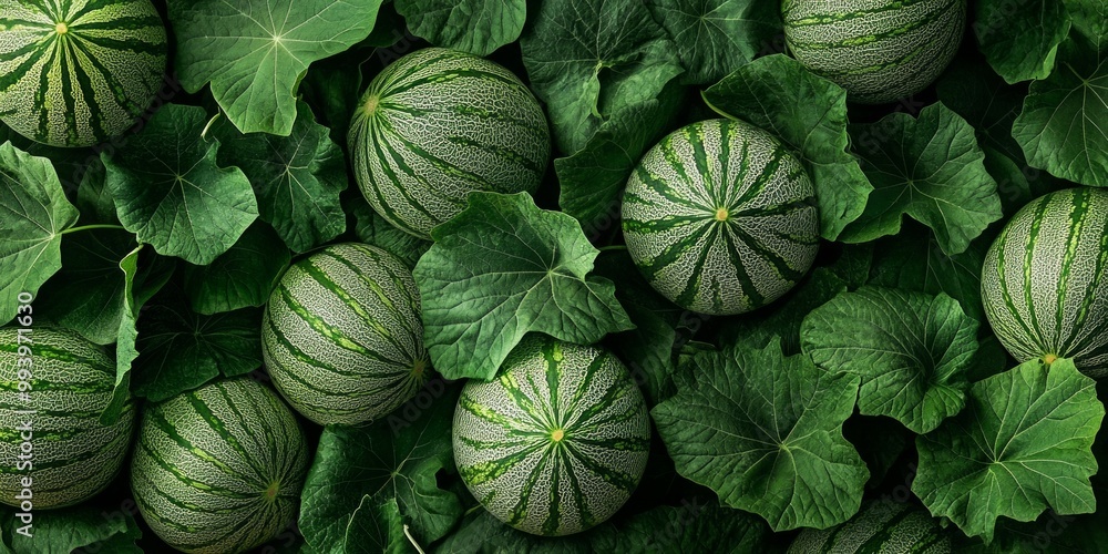 Canvas Prints Fresh watermelons are arranged among lush green leaves. This image captures the essence of summer fruit. Perfect for food blogs or market promotions. AI