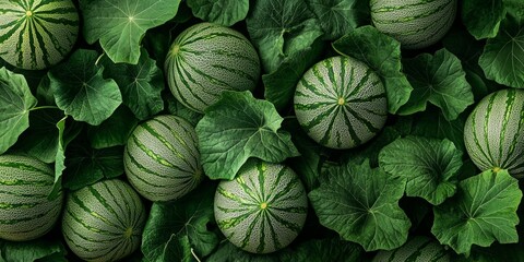 Fototapeta premium Fresh watermelons are arranged among lush green leaves. This image captures the essence of summer fruit. Perfect for food blogs or market promotions. AI