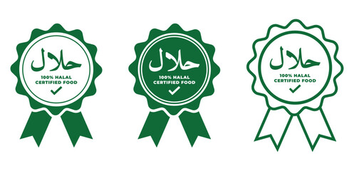 Obraz premium Halal Food Icon With Text 100% Halal Food, Muslim Approved Product Badge Sticker, Halal Food Product Label Set