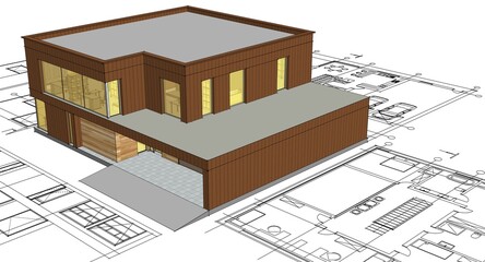 house architectural project sketch 3d illustration