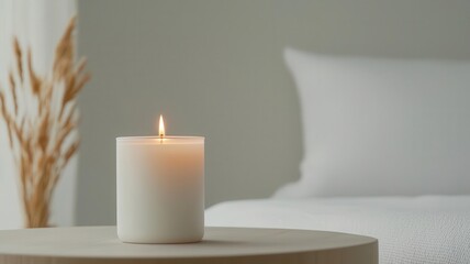 Aromatic candle in a minimalist bedroom, soft light and neutral tones, creating a serene, relaxing atmosphere