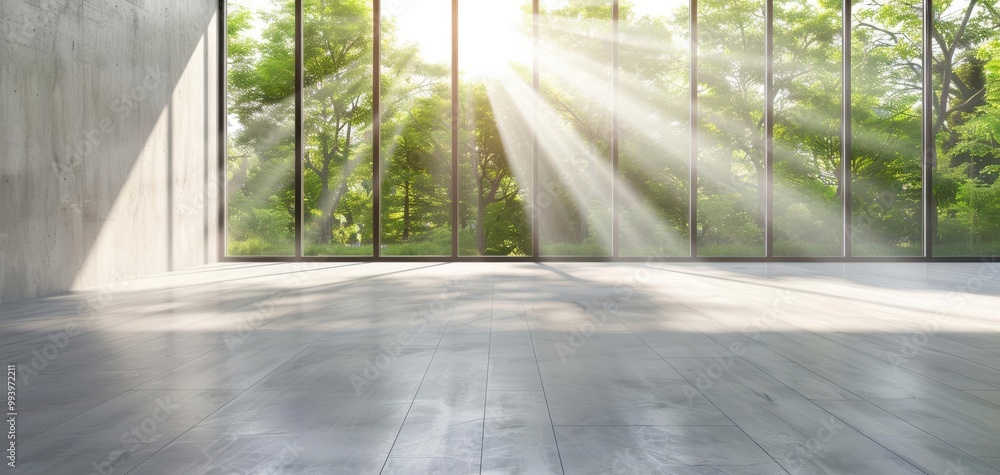 Aufkleber Bright sunlight streams through large windows, illuminating a serene indoor space with a view of lush greenery outside.