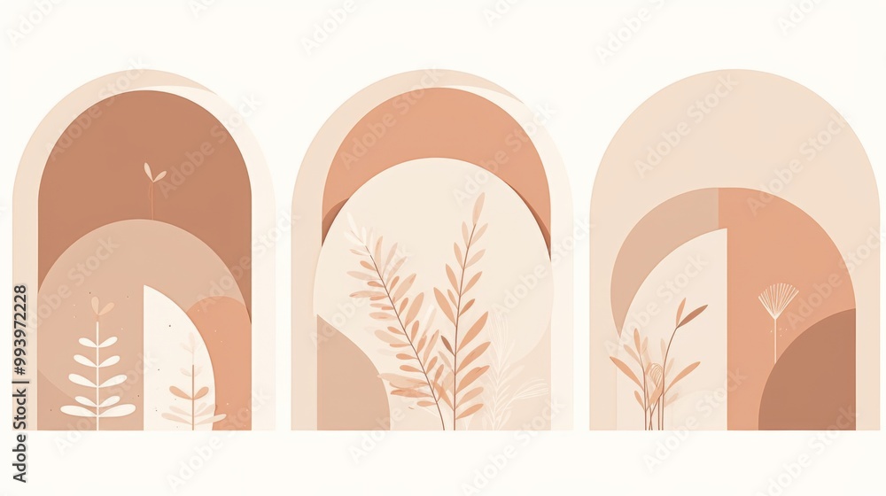 Poster set of three minimal boho abstract geometric shapes featuring lines and arches in neutral beige tone
