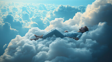 A man is peacefully sleeping on top of a fluffy cloud in a bright blue sky. The serene, dreamlike atmosphere provides ample copy space