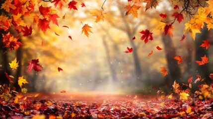 A beautiful autumn scene with colorful red and yellow leaves, perfect for a postcard.  It's ideal for sending warm greetings and adding a personal message.