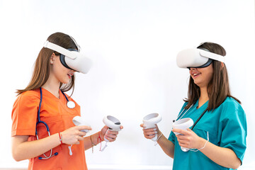 Innovating the Future: Females doctor wearing virtual reality goggles, Embracing Virtual Reality in Medical Research