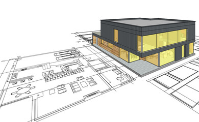 house architectural project sketch 3d illustration