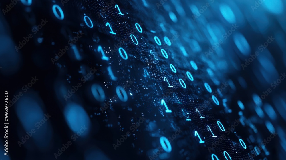 Poster close-up of binary code on a digital surface, blue glowing background.