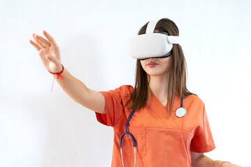 Innovating the Future: Female doctor wearing virtual reality goggles, Embracing Virtual Reality in Medical Research