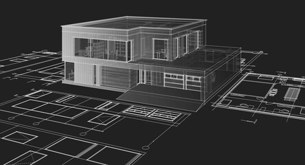 house architectural project sketch 3d illustration
