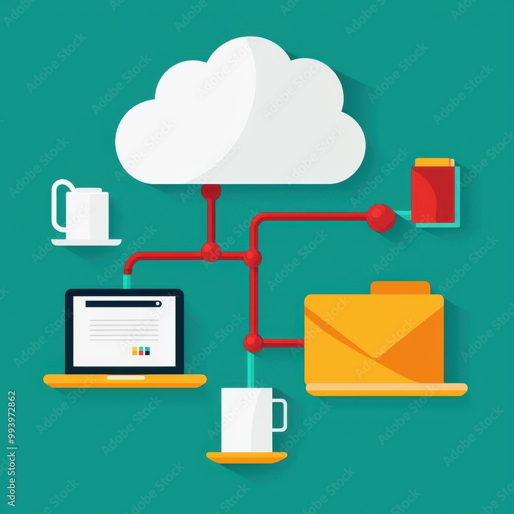 Poster cloud computing concept with devices and data flow, colorful flat design.