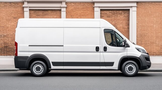 A sleek white van parked on a city street, showcasing its modern design against a brick wall background.