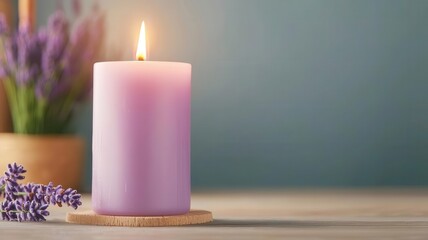 Closeup of melting scented candle wax, soft flickering flame, lavender aroma, serene and peaceful mood