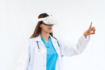 Innovating the Future: Female doctor wearing virtual reality goggles, Embracing Virtual Reality in Medical Research