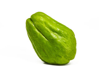 A fresh chayote (labu siam), isolated on a clean white background. Ideal for showcasing healthy ingredients and diverse culinary uses.