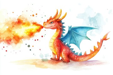 Colorful dragon with blue wings breathing fire, watercolor art style