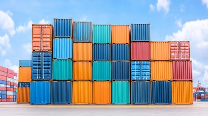 Fototapeta premium Colorful shipping containers stacked against a blue sky, symbolizing trade, logistics, and global transportation.