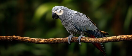 Majestic Grey Parrot Perched on Branch in Lush Green Habitat, Tranquil Wildlife Closeup for Nature Enthusiasts