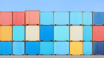 Fototapeta premium Colorful shipping containers stacked neatly against a clear blue sky, showcasing a vibrant palette of hues.