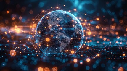 Fototapeta premium Abstract blue sphere with connecting dots and lines. Wireframe technology sphere. Big data visualization. 3d rendering