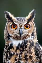 Fototapeta premium Mesmerizing Owl Closeup Majestic Bird with Piercing Orange Eyes in Enchanting Forest Setting - Wildlife Photography