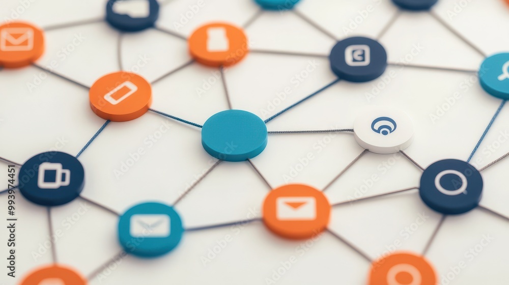 Poster connected network nodes on a white background demonstrating digital communication.