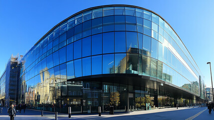 A modern cityscape with towering glass buildings