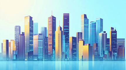 Fototapeta premium View of tall modern buildings reaching for the blue sky with white clouds. 