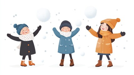 Fototapeta premium Happy children playing in the snow, dressed in colorful winter clothes. Snowball fun and laughter in the winter wonderland.