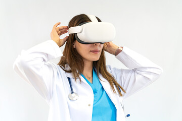 Innovating the Future: Female doctor wearing virtual reality goggles, Embracing Virtual Reality in Medical Research