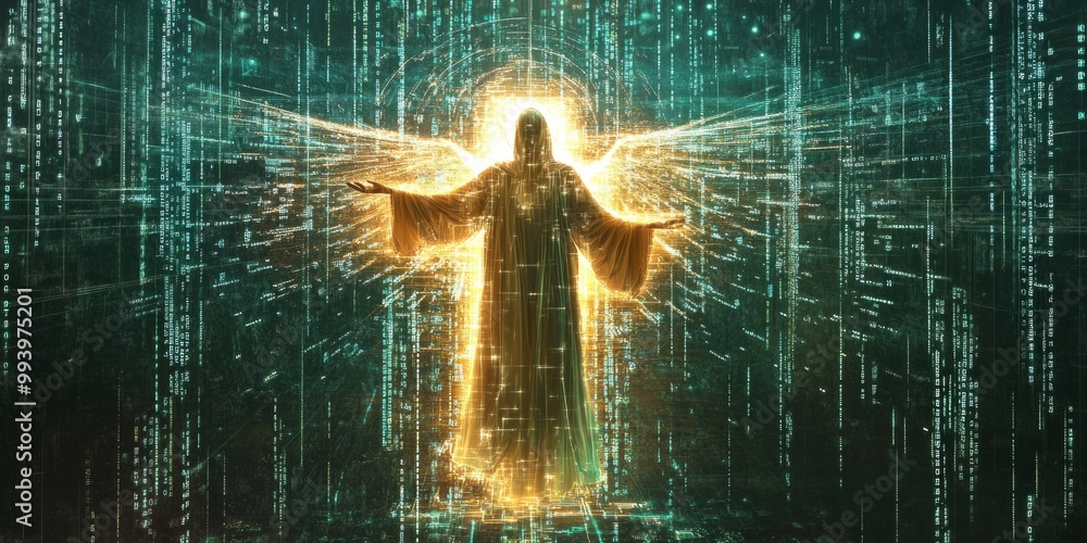 Poster a radiant figure emerges from a digital world filled with glowing data streams. the image blends spi