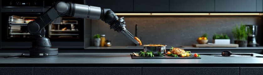 Robot Chef Preparing Gourmet Meal in Modern Kitchen