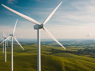Symmetrical Elegance Closeup of Modern White Wind Turbine in Green Landscape with Cityscape View - Sustainable Energy Concept
