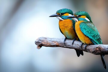 Fototapeta premium Tranquil Avian Harmony Vibrant Birds on Branch in Serene Natural Setting Wildlife Photography