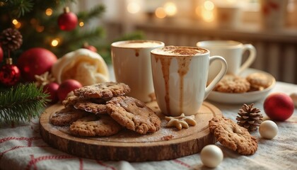 Fototapeta premium A festive holiday scene with chocolate chip cookies and hot cocoa, cozy mood, on a wooden table with Christmas decorations 