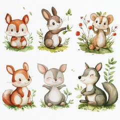 Obraz premium Cute woodland animal illustrations on a white isolated background.