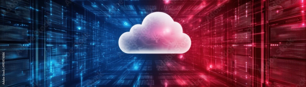 Poster digital cloud technology over a futuristic data environment.