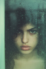 Pensive woman with dark hair behind rain-covered window, moody teal hues