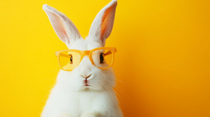 Fototapeta premium Cute white rabbit with yellow glasses on a pastel background for spring celebrations