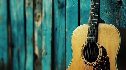 Obraz premium A close-up of an acoustic guitar against a blue wooden wall, combining natural wood tones with cool blue hues