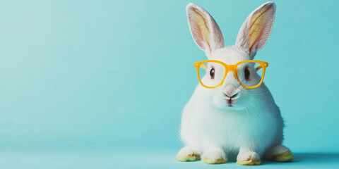 Obraz premium Cute white rabbit wearing yellow glasses on a pastel background for Easter and spring themes