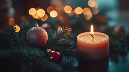 Christmas Candle, Ornaments, And Evergreen Branches Lit By Bokeh Lights