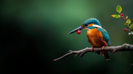 Obraz premium Vibrant Kingfisher with Red Berry Close-Up Wildlife Beauty in Natural Serenity