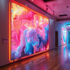A futuristic painting with neon colors and digital effects displayed in a neon light room. 