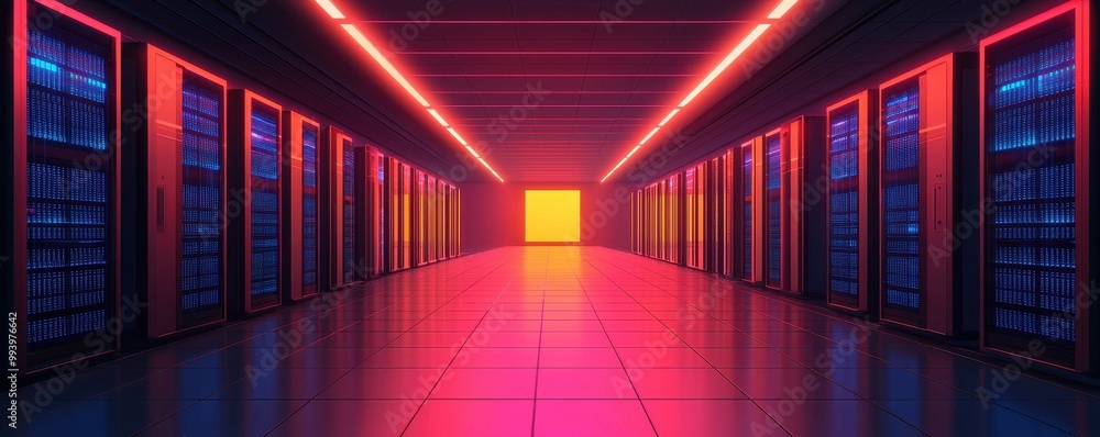 Poster futuristic data center with neon lights and rows of servers, symmetrical layout.