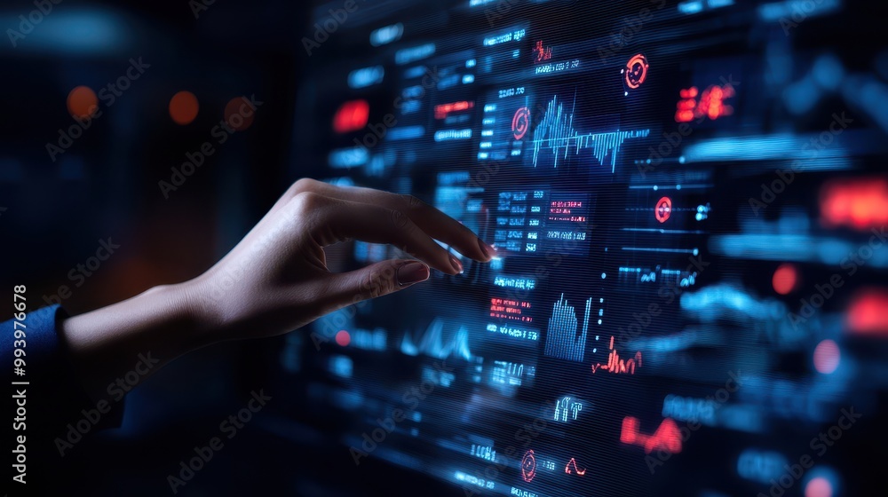 Poster futuristic hand interacting with digital interface, vibrant screens and data visualization